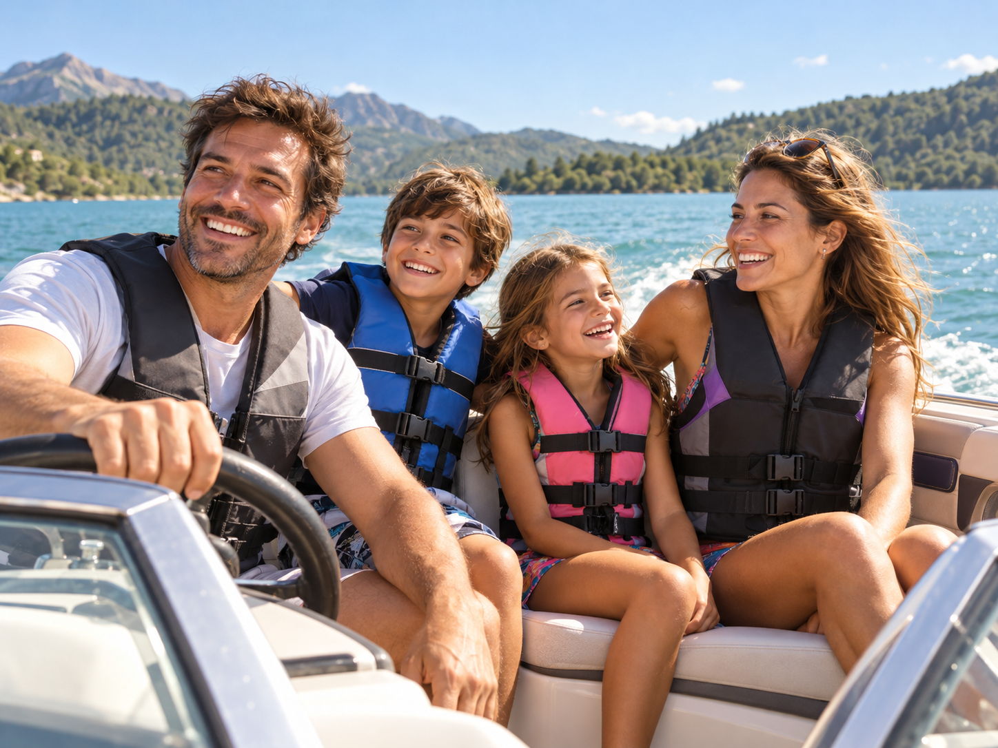 Familia sonriente disfrutando a bordo con chalecos salvavidas